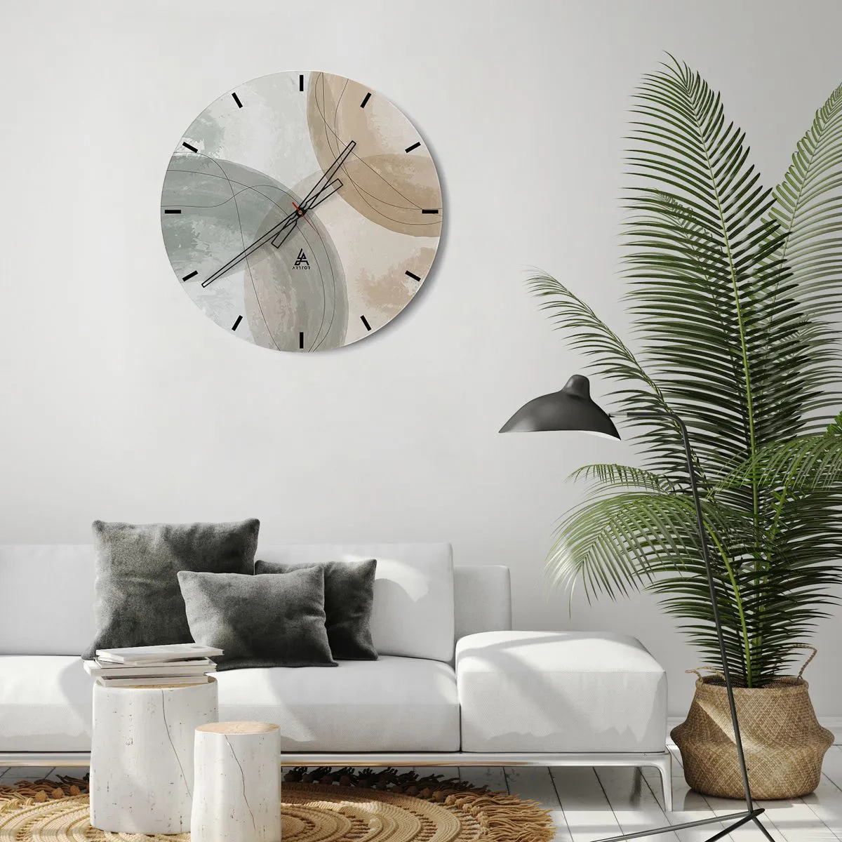 Väggklocka - Klocka på glas - Abstrakta sammanträngande former i beige nyanser - 30x30cm - Världars samspel - Modern väggdekoration för vardagsrum, kök och sovrum ARTTOR