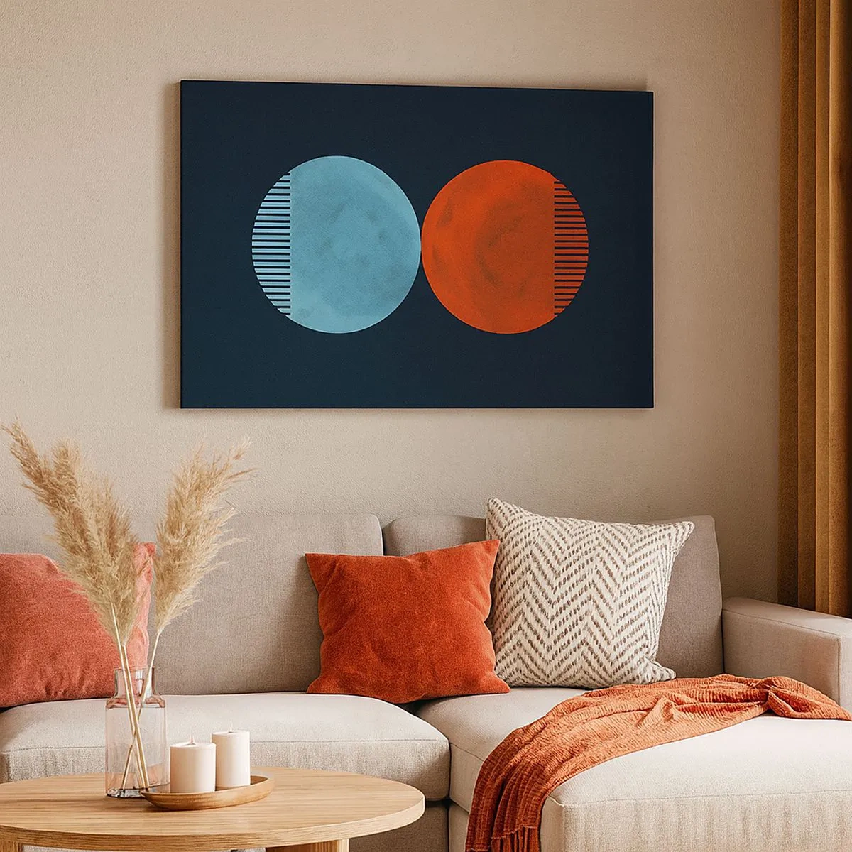 Canvastavla - Bild på duk - Minimalistisk tvåhjulsdesign i blått och orange - 70x50cm - Endast geometri? - Modern väggdekoration för vardagsrum och sovrum ARTTOR