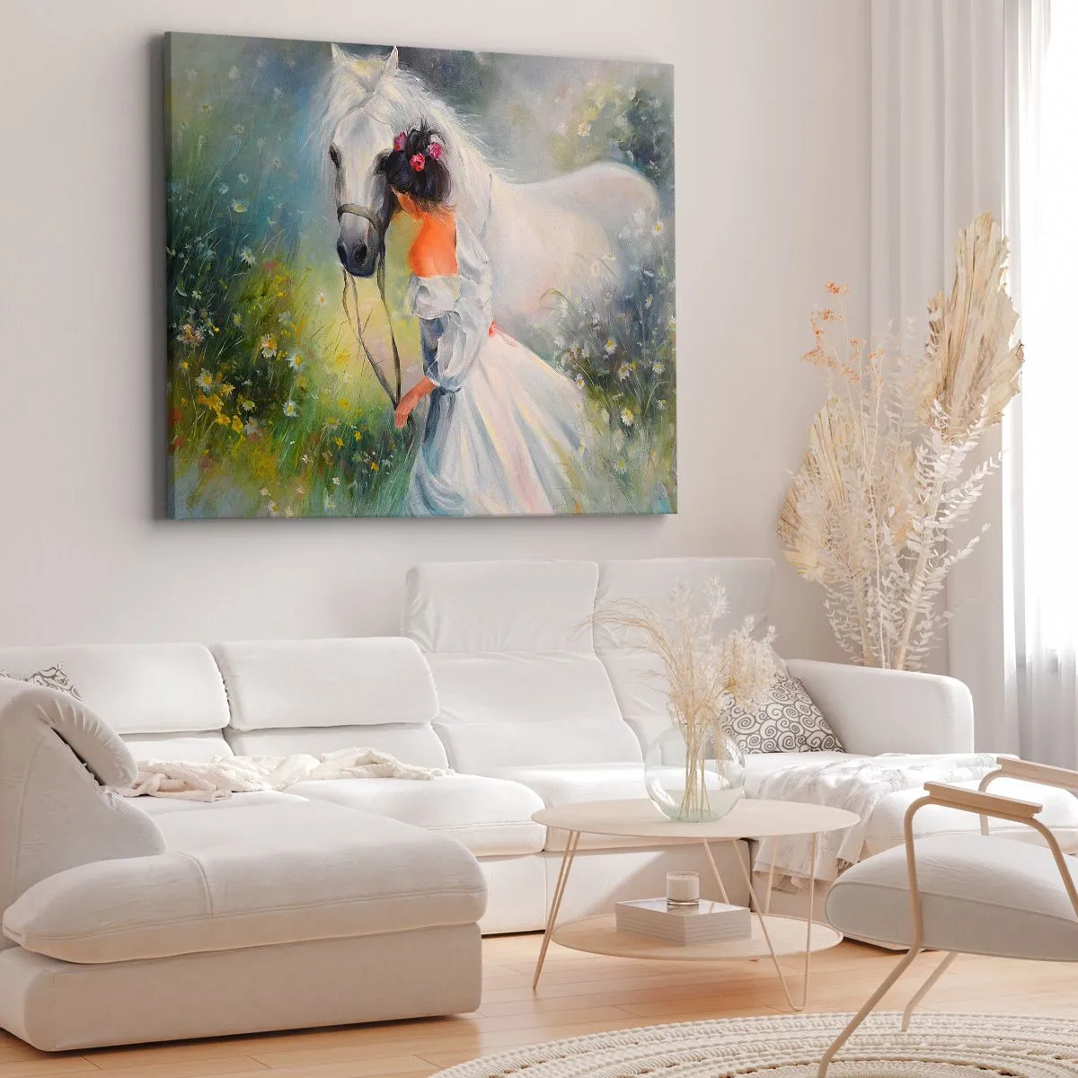 Canvastavla - Bild på duk - En kvinna med en vit häst i en pittoresk miljö - 70x50cm - Ur en vacker dröm - Modern väggdekoration för vardagsrum och sovrum ARTTOR