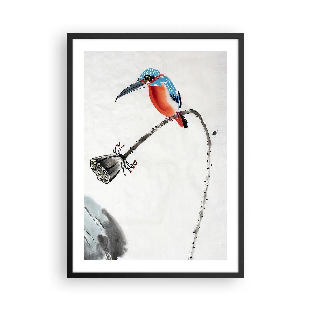 Affisch i svart ram - Färgglad kungsfiskare på en gren i akvarellstil - 50x70cm - Ängens liv - Modern väggdekoration för vardagsrum och sovrum ARTTOR