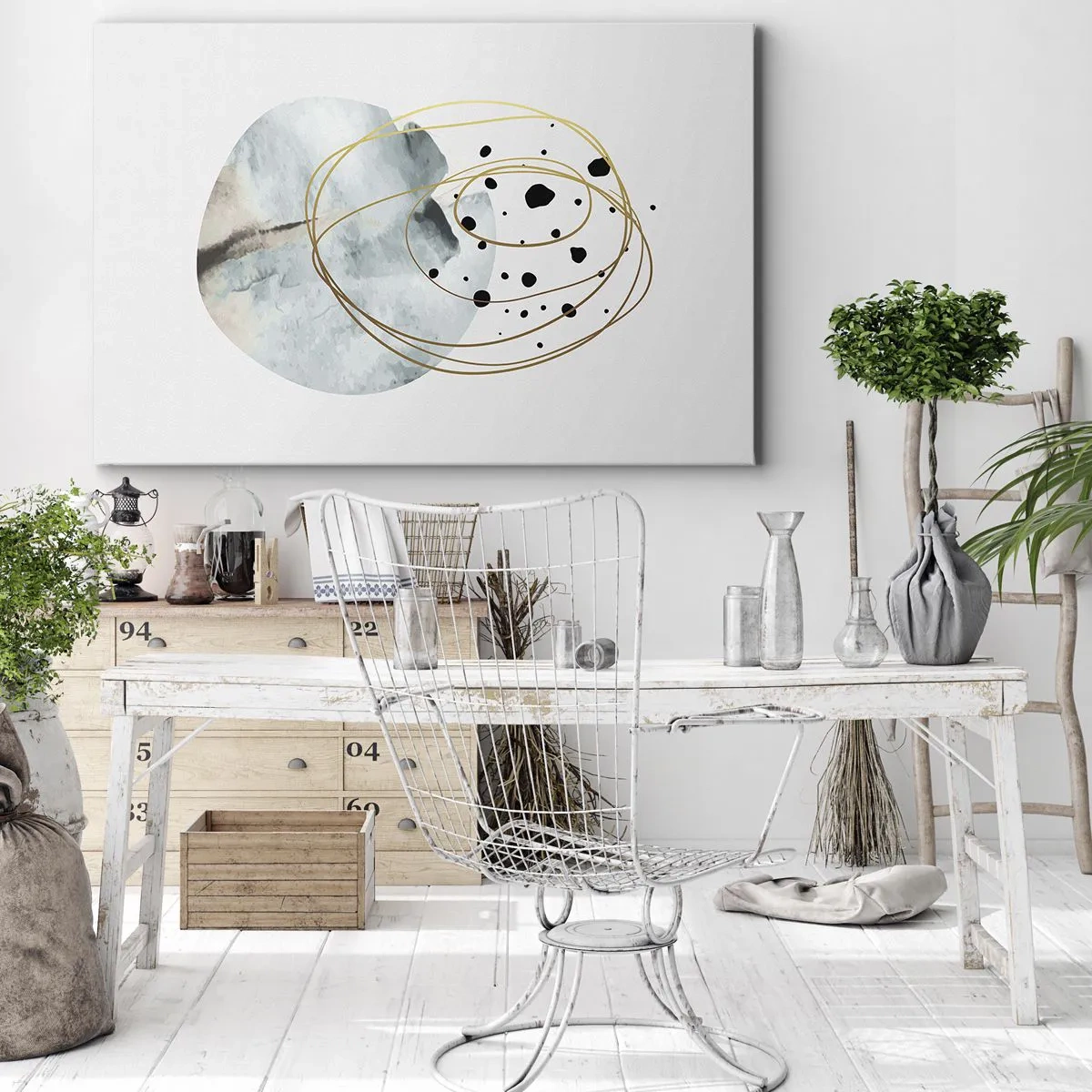 Canvastavla - Bild på duk - Minimalistisk abstraktion med geometriskt mönster och gyllene linjer - 70x50cm - I rummets famn - Modern väggdekoration för vardagsrum och sovrum ARTTOR