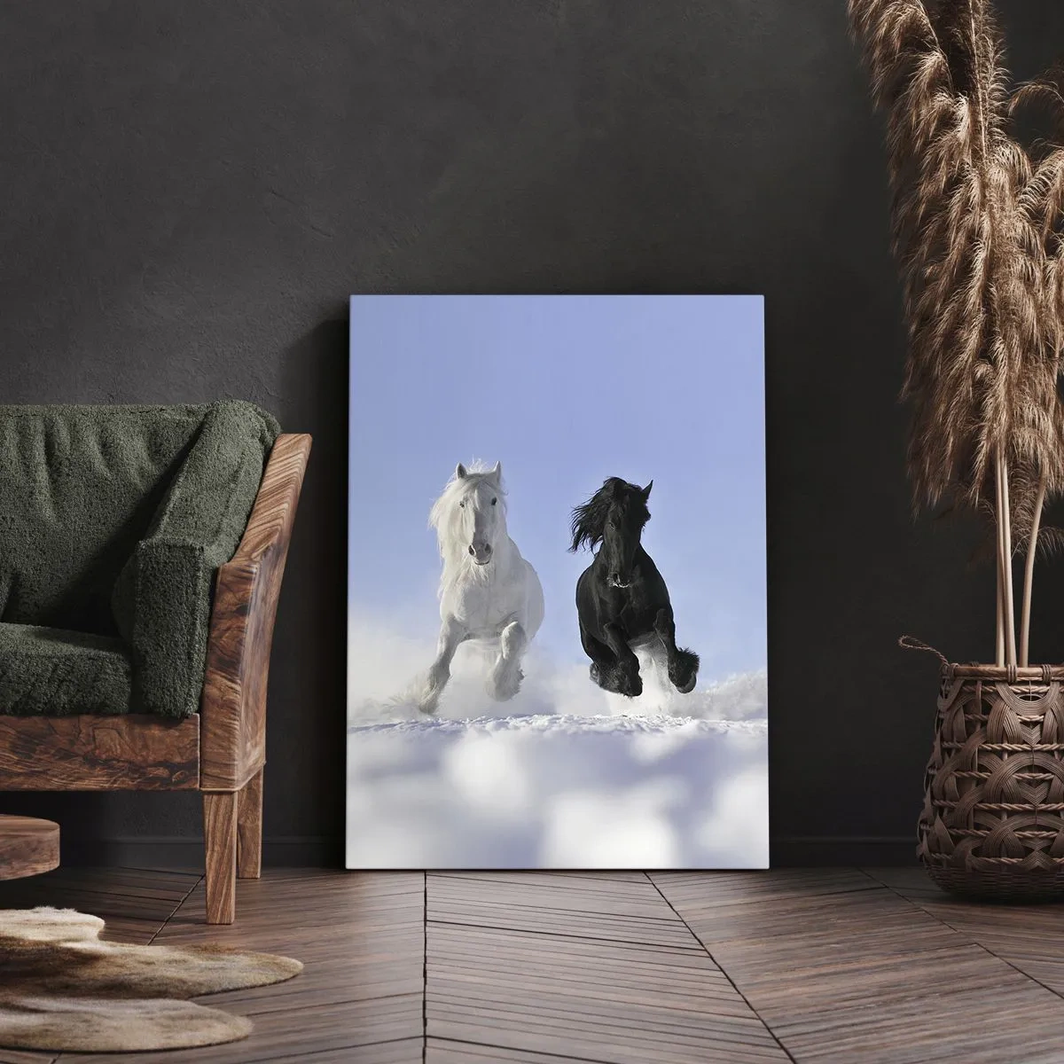 Canvastavla - Bild på duk - Svart-vit galopp - 55x100 cm