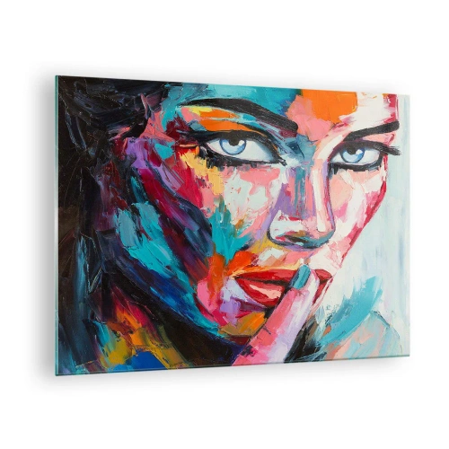 Glastavla - Bild på glas - Färgglatt porträtt av en kvinna i abstrakt stil - 70x50cm - Vår första hemlighet - Modern väggdekoration för vardagsrum och sovrum ARTTOR