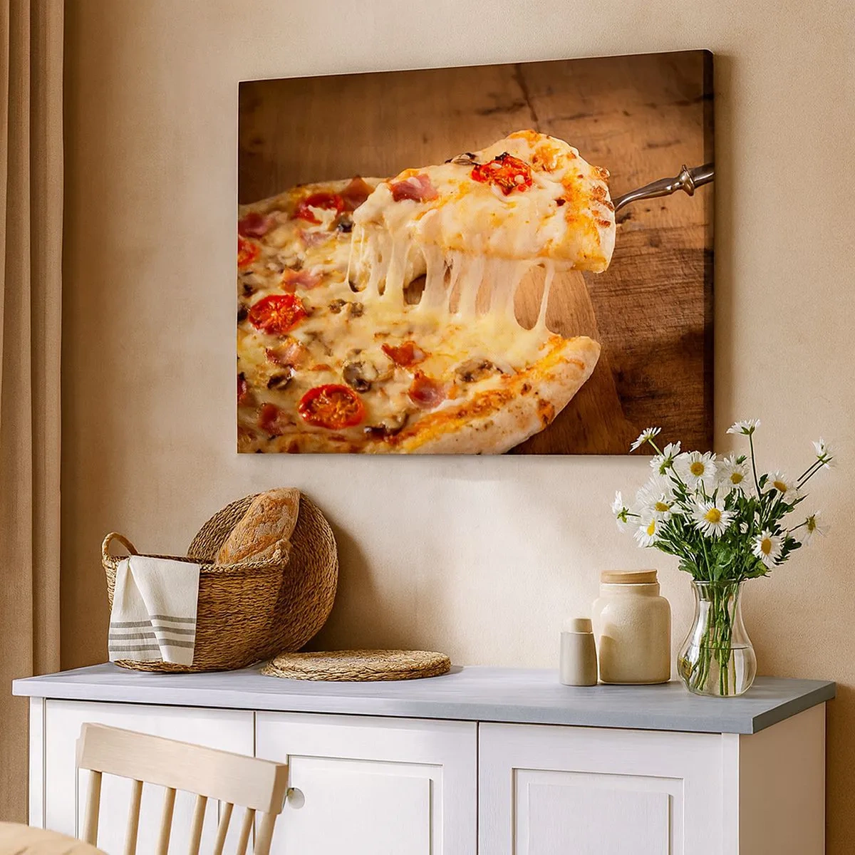 Canvastavla - Bild på duk - Pizza med trådig ost - 70x50cm - Italienska konstens mästerverk - Modern väggdekoration för vardagsrum och sovrum ARTTOR