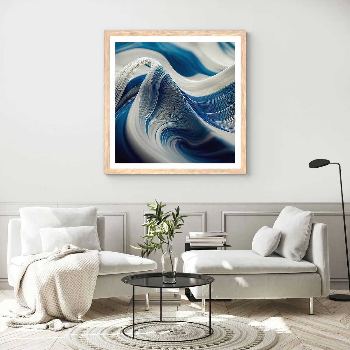 Affisch i ram av ljusek - Flöde av blått och vitt - 60x60 cm