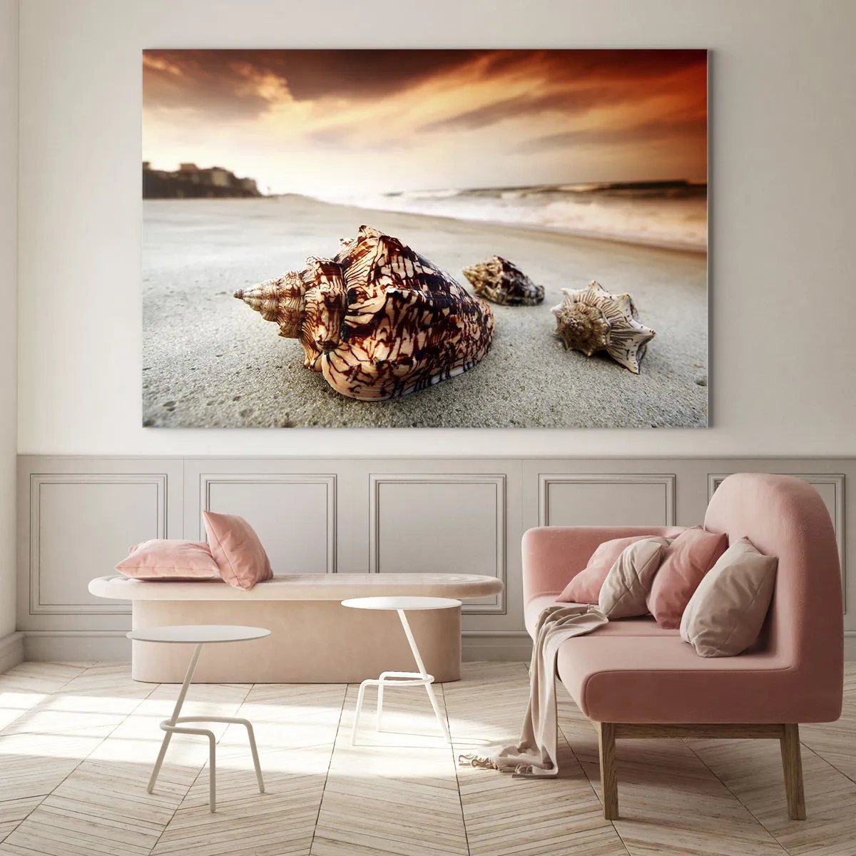Glastavla - Bild på glas - Snäckor på stranden vid solnedgången - 70x50cm - Vågböjare - Modern väggdekoration för vardagsrum och sovrum ARTTOR
