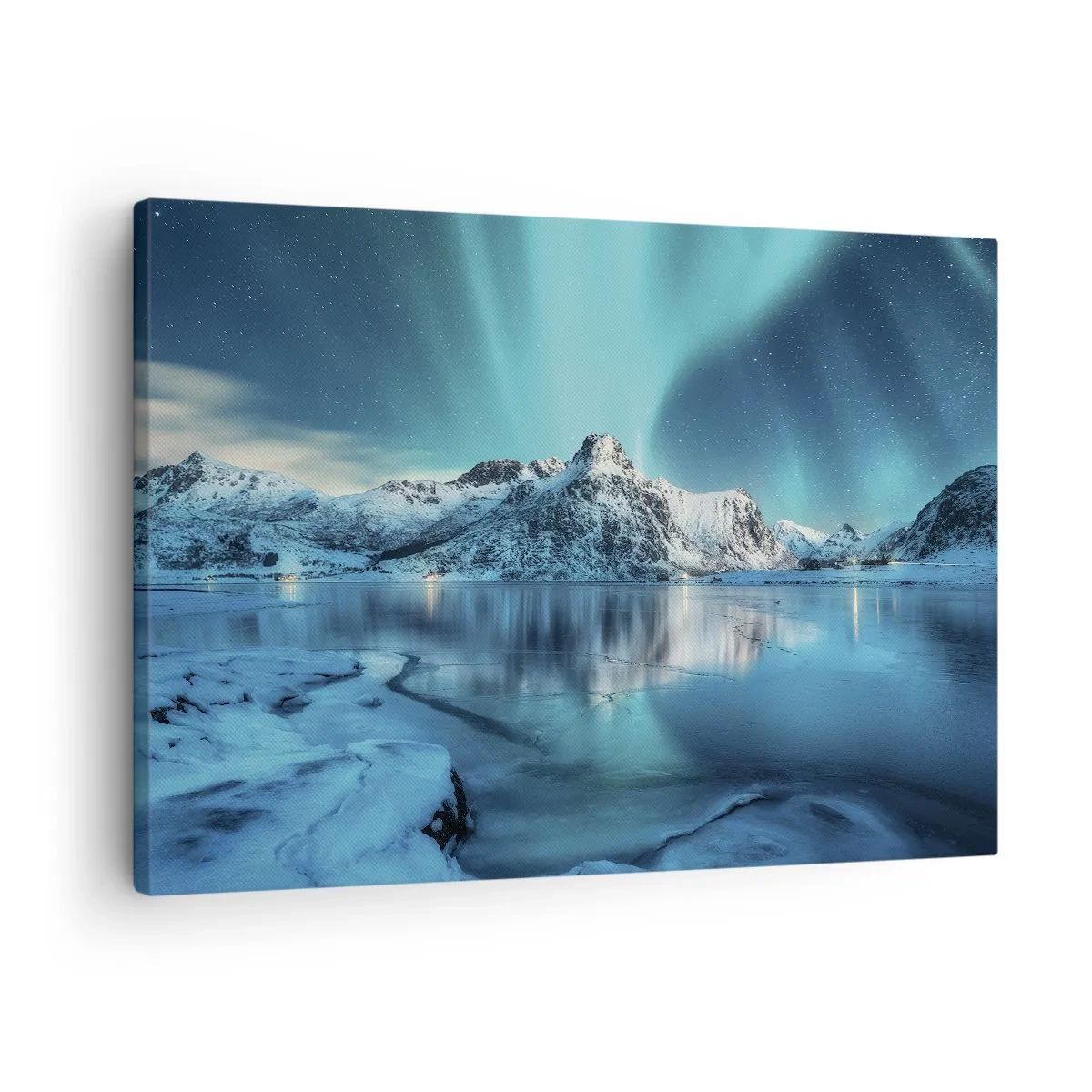 Canvastavla - Bild på duk - Aurora Borealis över snötäckta berg och en sjö - 70x50cm - Ljusets natt - Modern väggdekoration för vardagsrum och sovrum ARTTOR