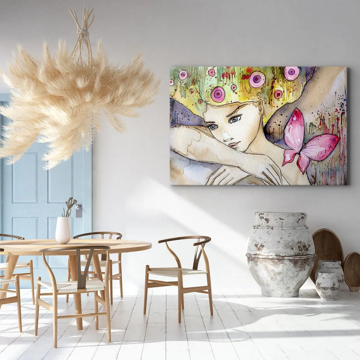 Canvastavla - Bild på duk - En kvinna med en abstrakt frisyr och en rosa fjäril - 70x50cm - fjärilprincessa - Modern väggdekoration för vardagsrum och sovrum ARTTOR