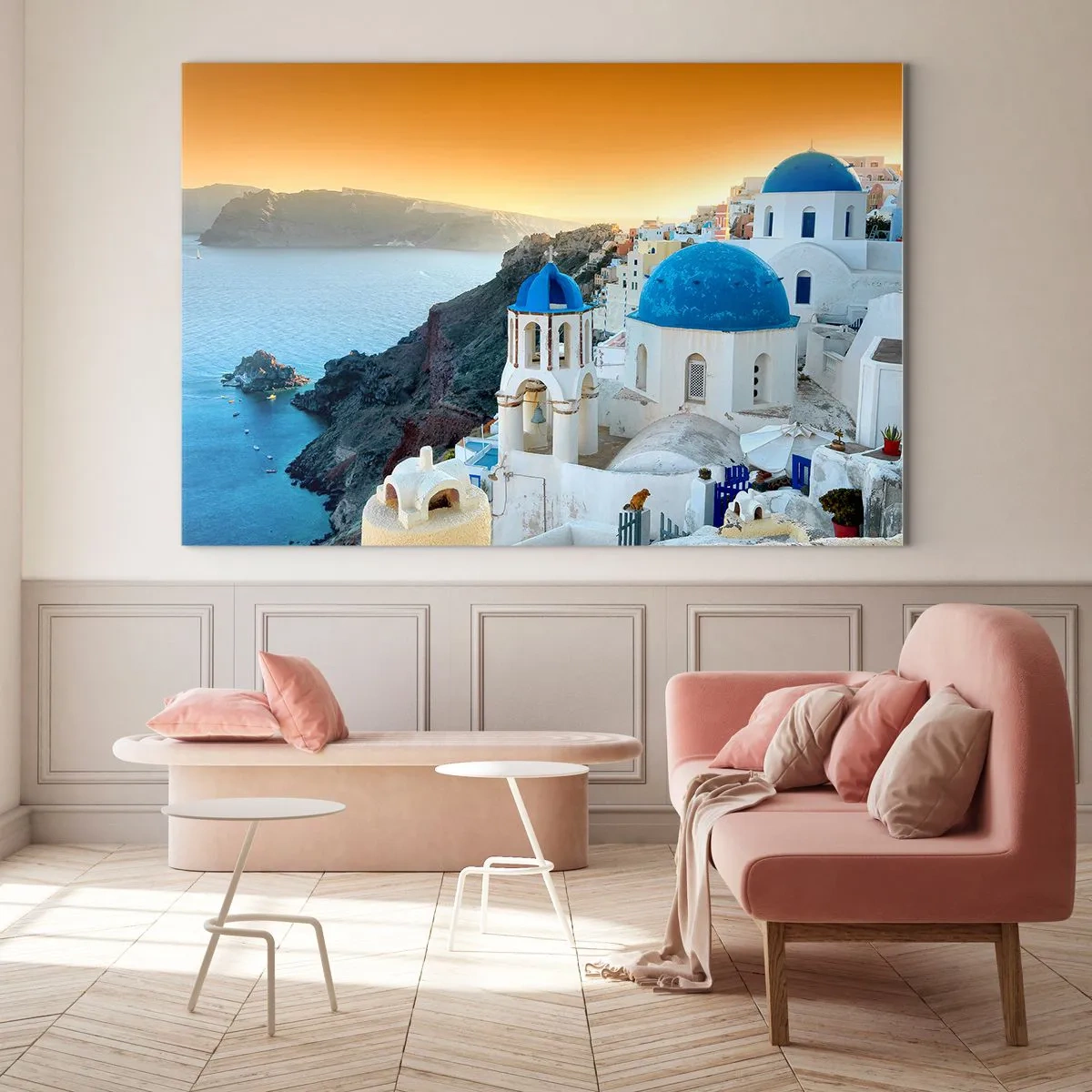Glastavla - Bild på glas - Utsikt över Santorini med dess blå kupoler och klippor - 70x50cm - Santorini - inbäddat i berg - Modern väggdekoration för vardagsrum och sovrum ARTTOR