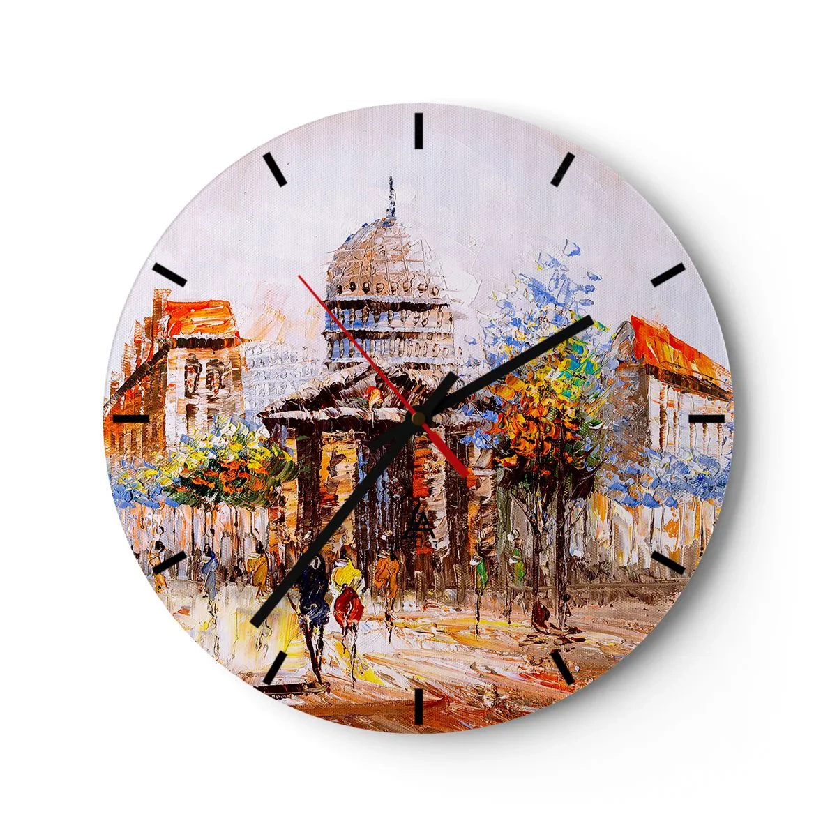 Väggklocka - Klocka på glas - En målerisk gatubild med katedralen i bakgrunden - 30x30cm - Promenad i Paris - Modern väggdekoration för vardagsrum, kök och sovrum ARTTOR