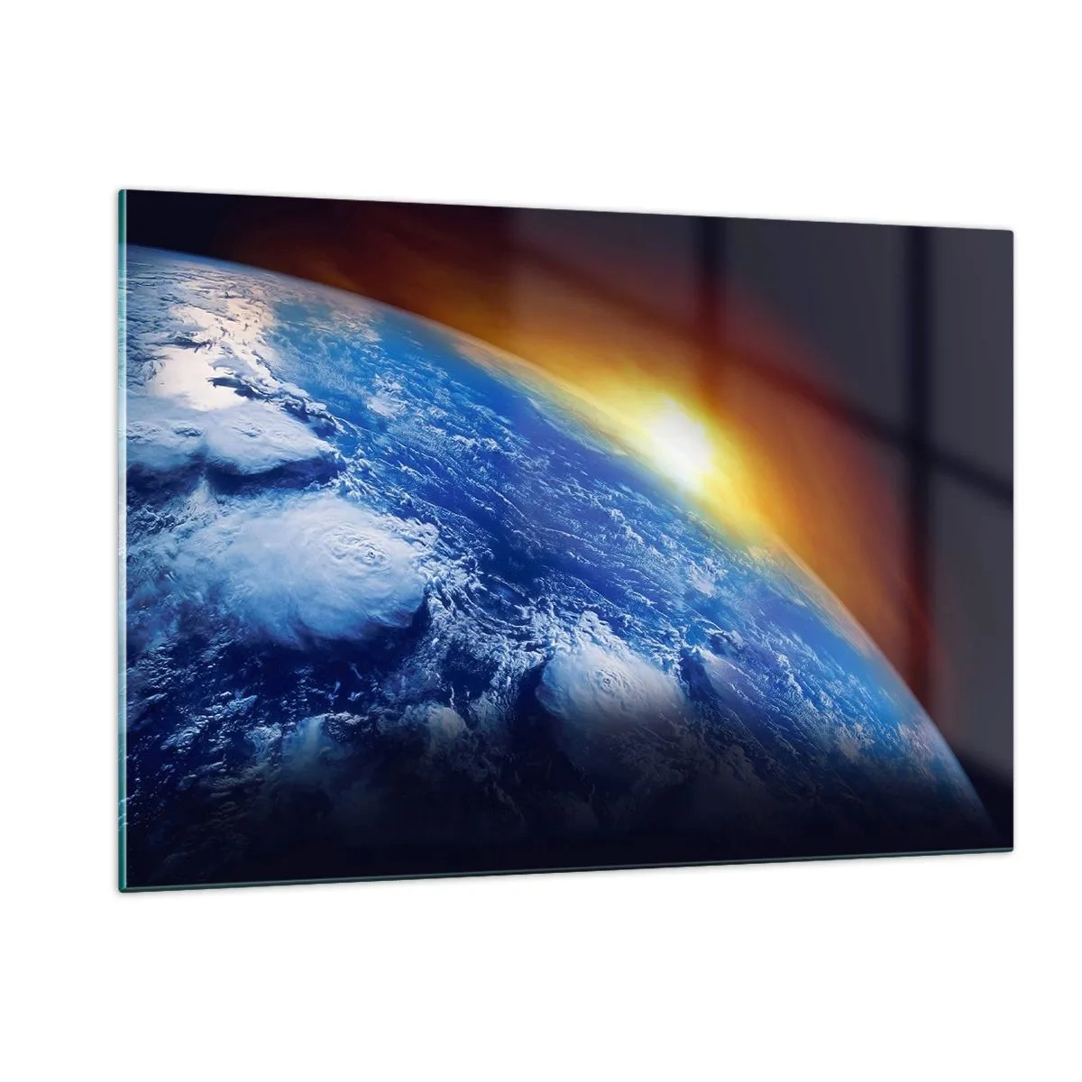 Glastavla - Bild på glas - Soluppgång över den blåa planeten - 120x80 cm