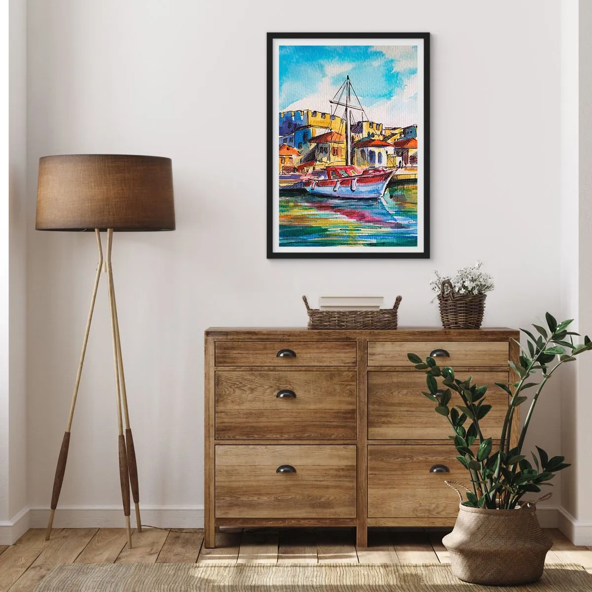 Affisch i svart ram - En färgglad akvarellmålning av en yacht i en kuststad - 50x70cm - Regnbågseftermiddag - Modern väggdekoration för vardagsrum och sovrum ARTTOR