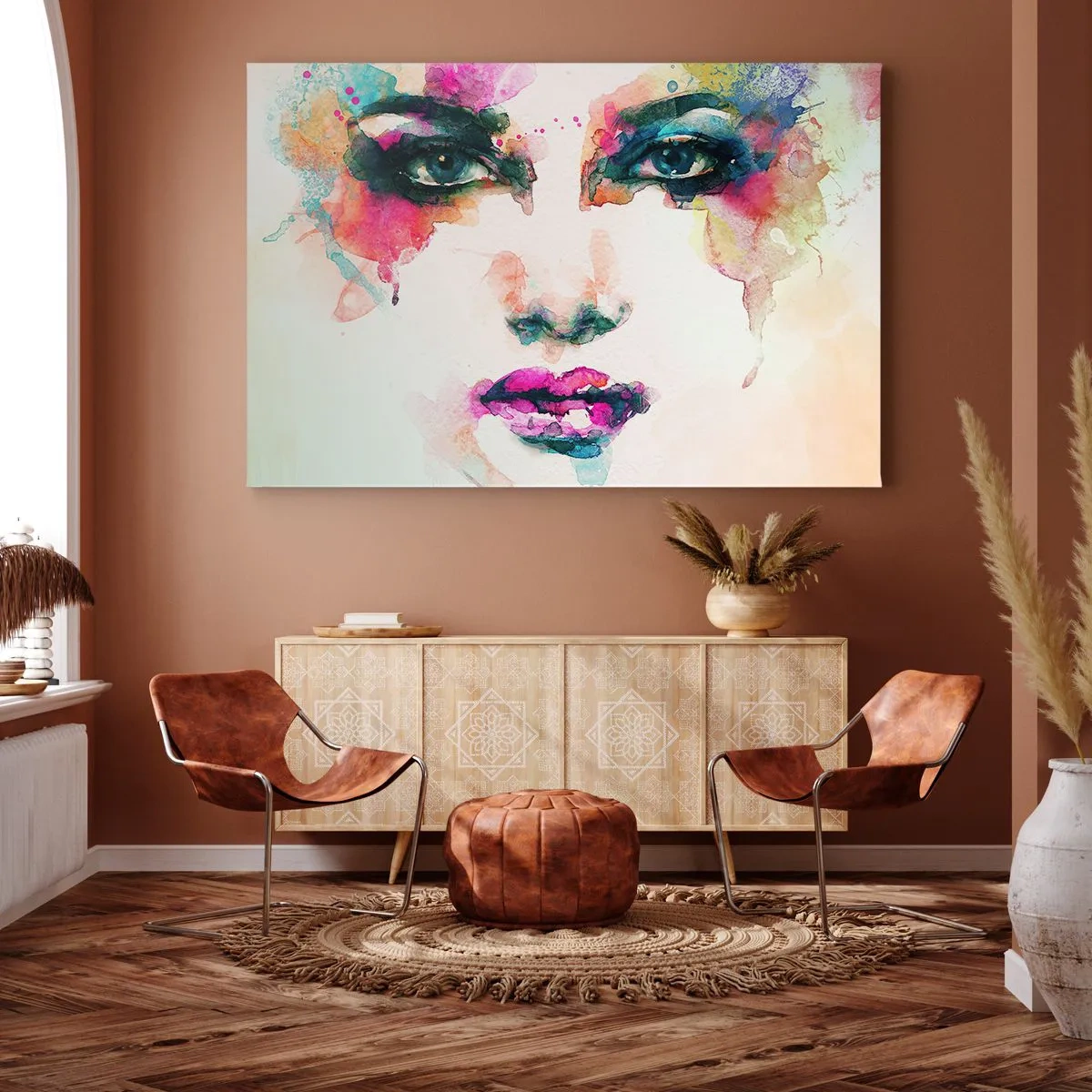 Canvastavla - Bild på duk - Abstrakt porträtt av en kvinna i intensiva färger - 70x50cm - Porträtt målad med regnbågen - Modern väggdekoration för vardagsrum och sovrum ARTTOR