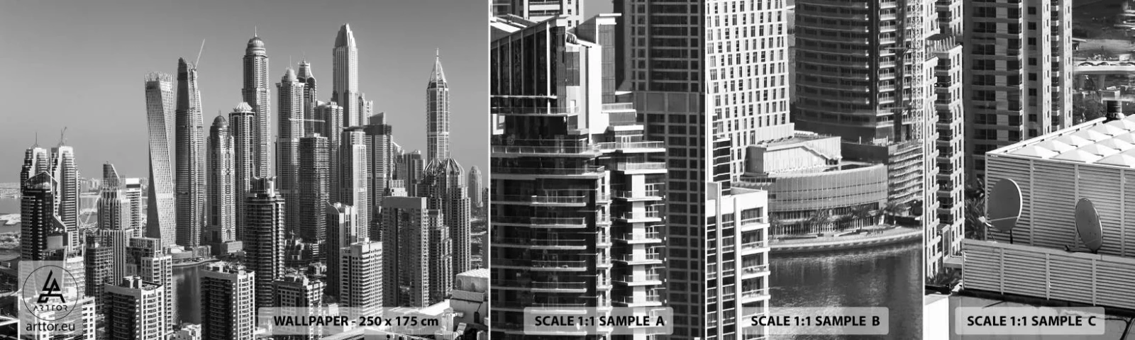 Provbit av självhäftande fototapet Deluxe Sticker - Stad över öknen - Arkitektur, Stad, Dubai - 100x30 cm