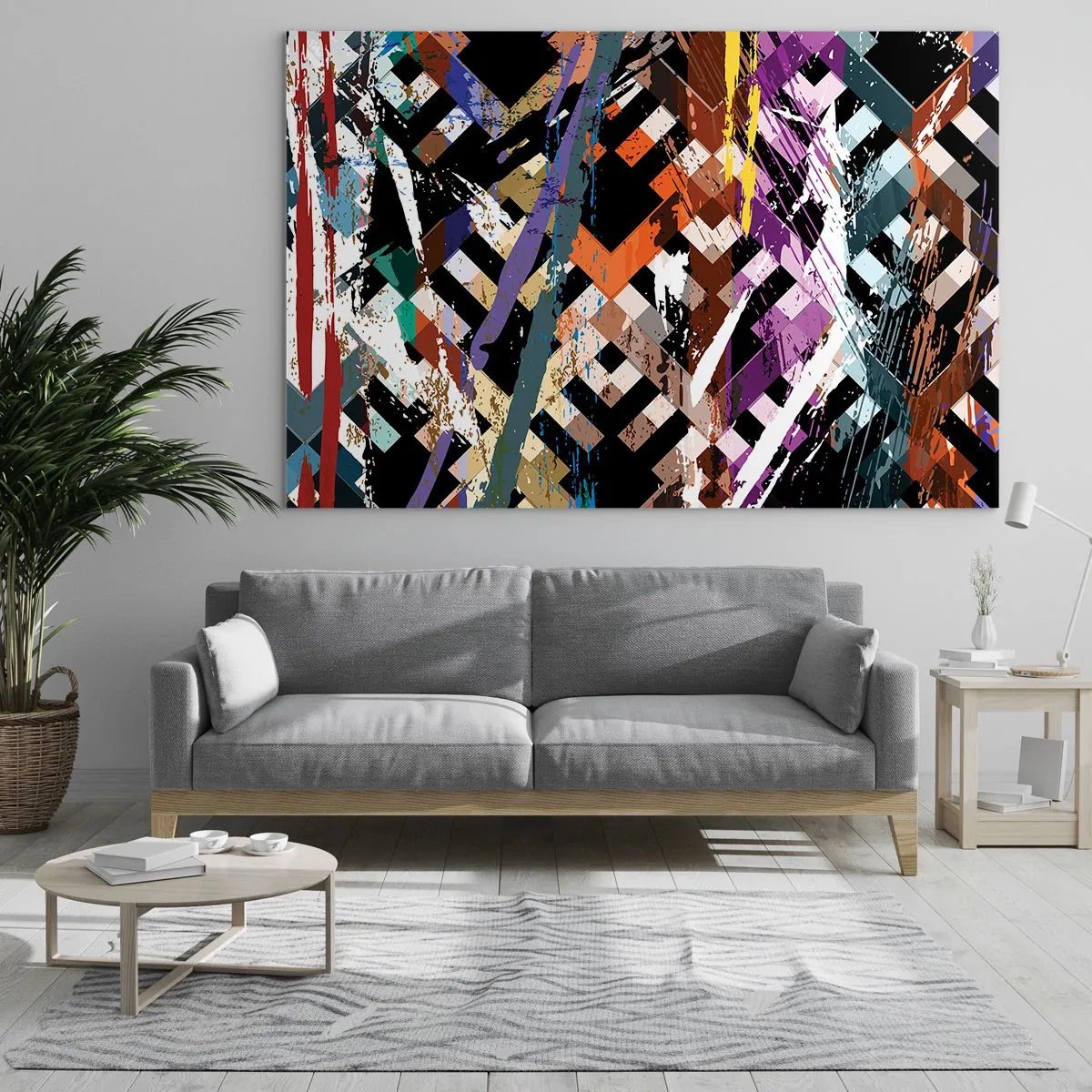 Glastavla - Bild på glas - En abstrakt komposition med geometriska mönster och intensiva färger. - 70x50cm - Kvadraten - Modern väggdekoration för vardagsrum och sovrum ARTTOR