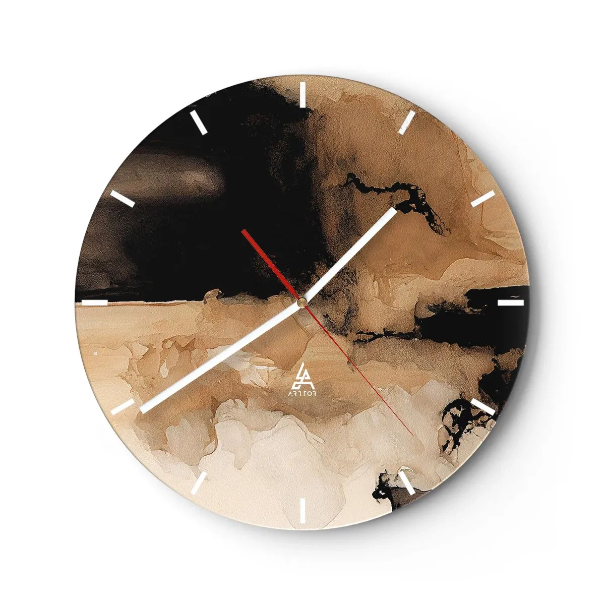 Väggklocka - Klocka på glas - Brun och svart abstraktion med en spilld färgeffekt - 30x30cm - Intrigerande abstraktion - Modern väggdekoration för vardagsrum, kök och sovrum ARTTOR