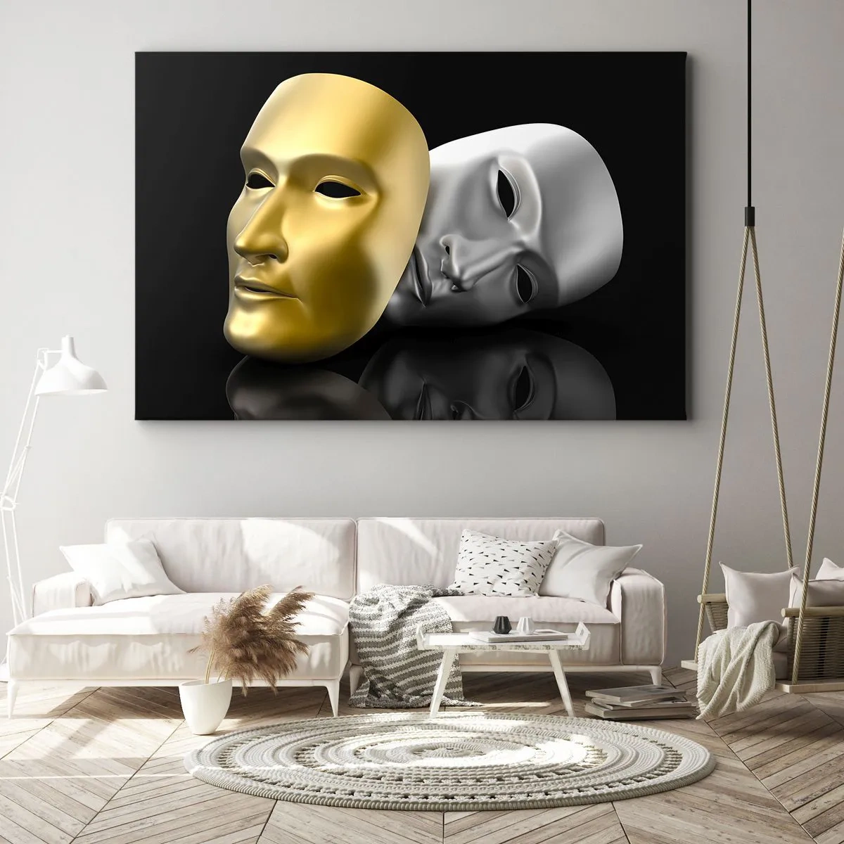 Canvastavla - Bild på duk - Guld- och silvermask på svart bakgrund - 70x50cm - Livet är teater - Modern väggdekoration för vardagsrum och sovrum ARTTOR