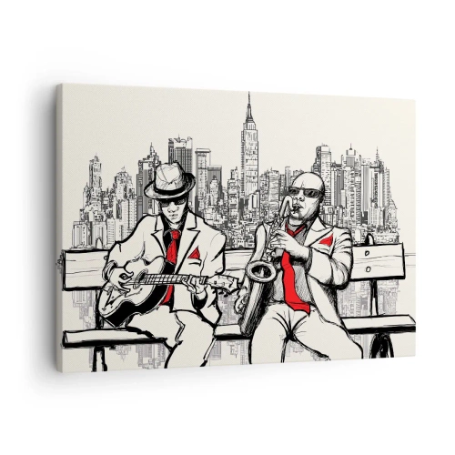 Canvastavla - Bild på duk - En jazzduo med saxofon och gitarr mot stadens bakgrund - 70x50cm - New Yorks improvisation - Modern väggdekoration för vardagsrum och sovrum ARTTOR