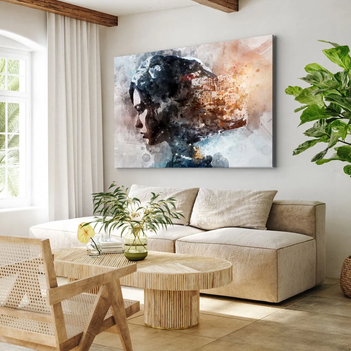 Canvastavla - Bild på duk - Porträtt av en kvinna som kombinerar sitt ansikte med ett urbant landskap i bakgrunden - 70x50cm - Berättelse om en tjej med en stad i bakgrunden - Modern väggdekoration för vardagsrum och sovrum ARTTOR