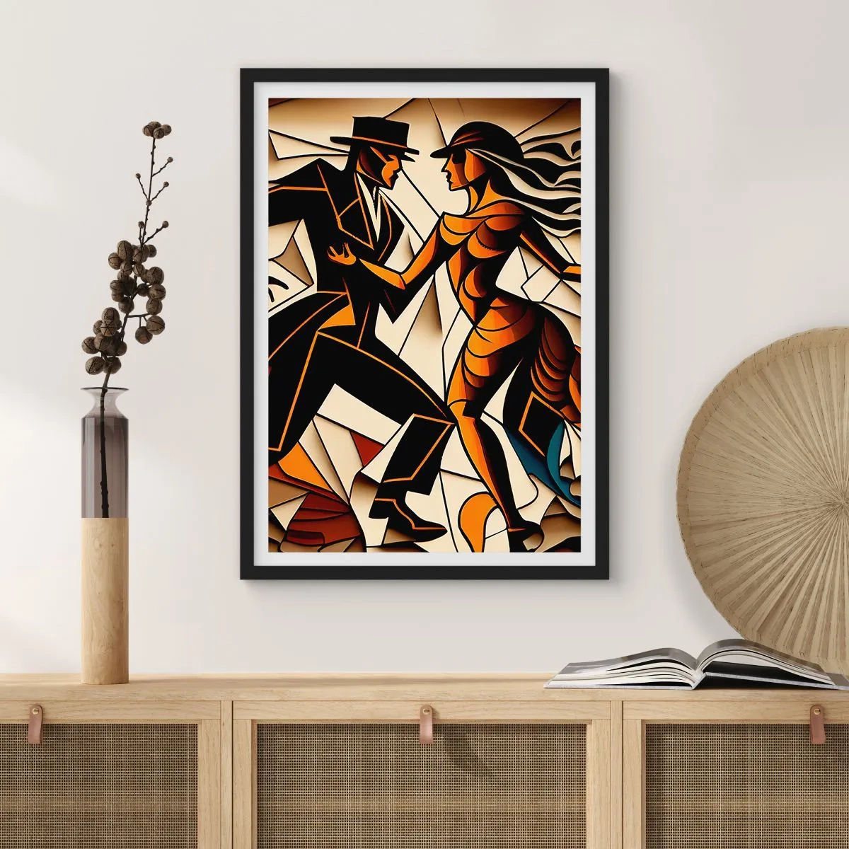 Affisch i svart ram - Ett dynamiskt par som dansar tango i kubistisk stil. - 50x70cm - Passionsdans - Modern väggdekoration för vardagsrum och sovrum ARTTOR
