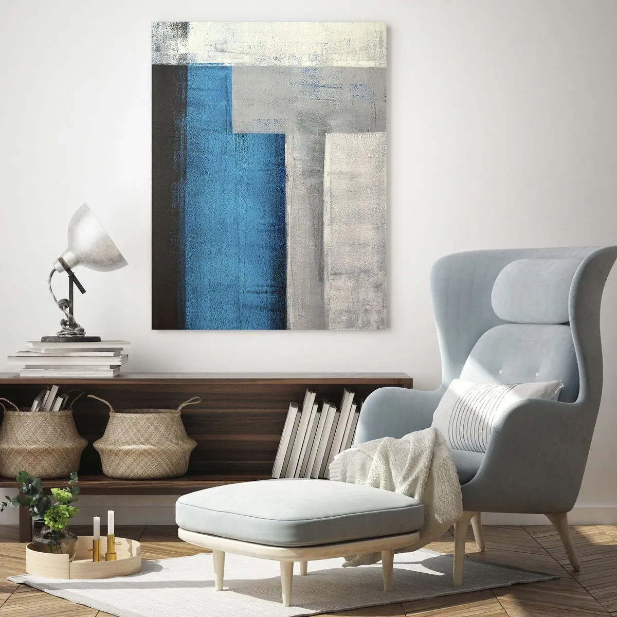 Glastavla - Bild på glas - Poetisk komposition av grått och blått - 50x70 cm