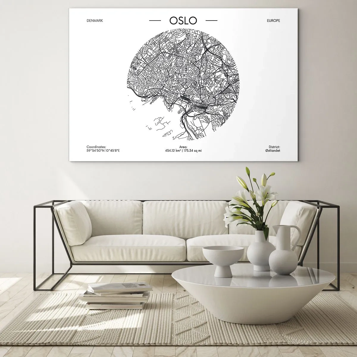 Glastavla - Bild på glas - Oslo stadskarta i svartvit grafisk stil - 70x50cm - Oslos anatomi - Modern väggdekoration för vardagsrum och sovrum ARTTOR