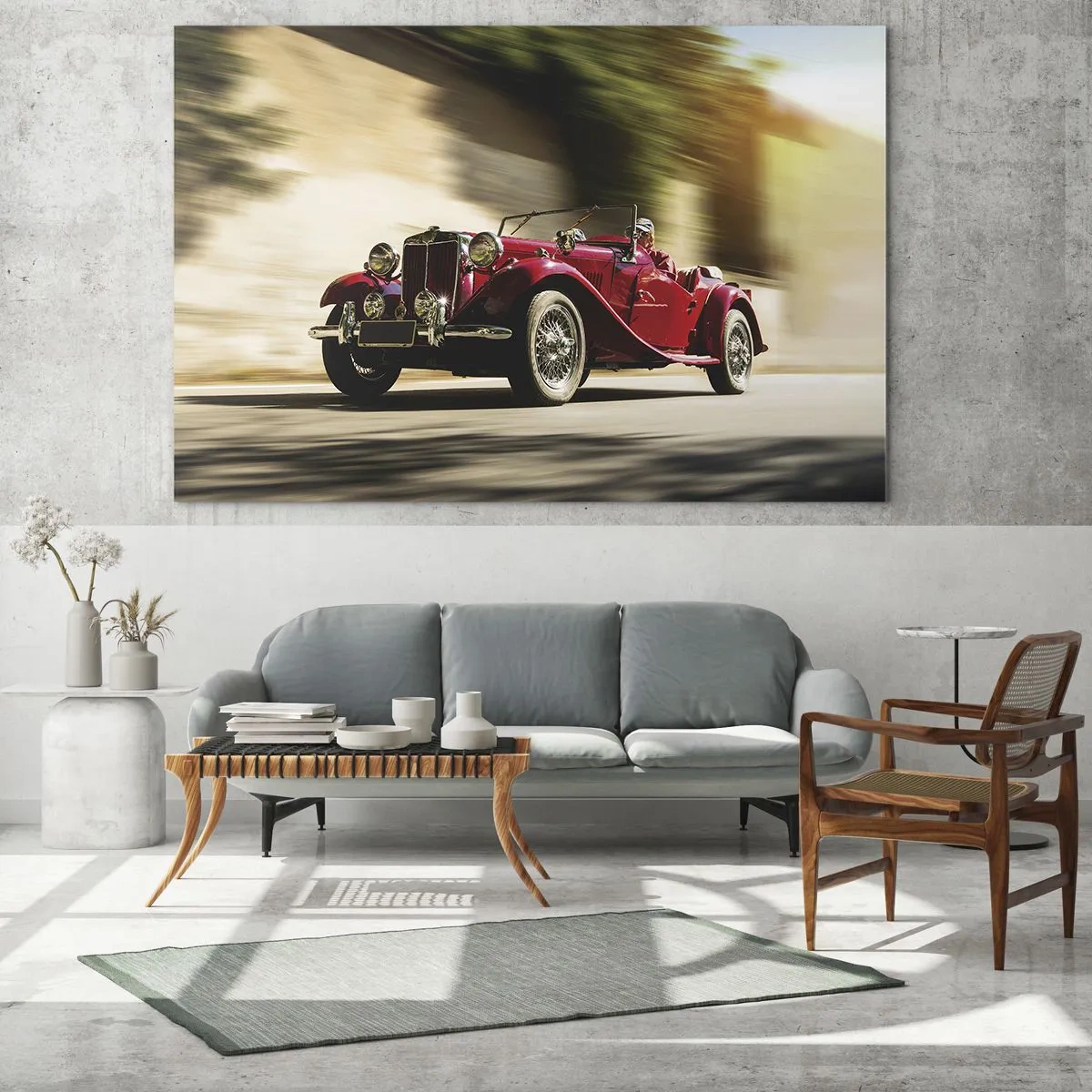 Glastavla - Bild på glas - Klassisk röd cabriolet i rörelse mot bakgrund av gatan och det suddiga landskapet - 70x50cm - Vackrare än Nike från Samothrakis - Modern väggdekoration för vardagsrum och sovrum ARTTOR