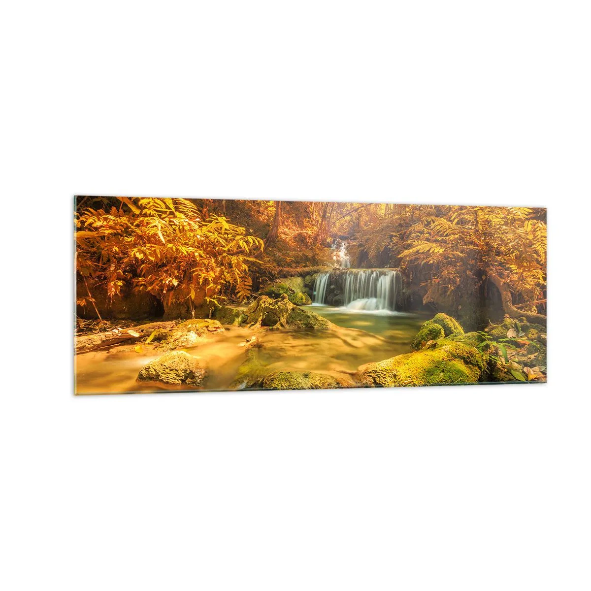 Glastavla - Bild på glas - Skogkaskad i gult - 140x50 cm