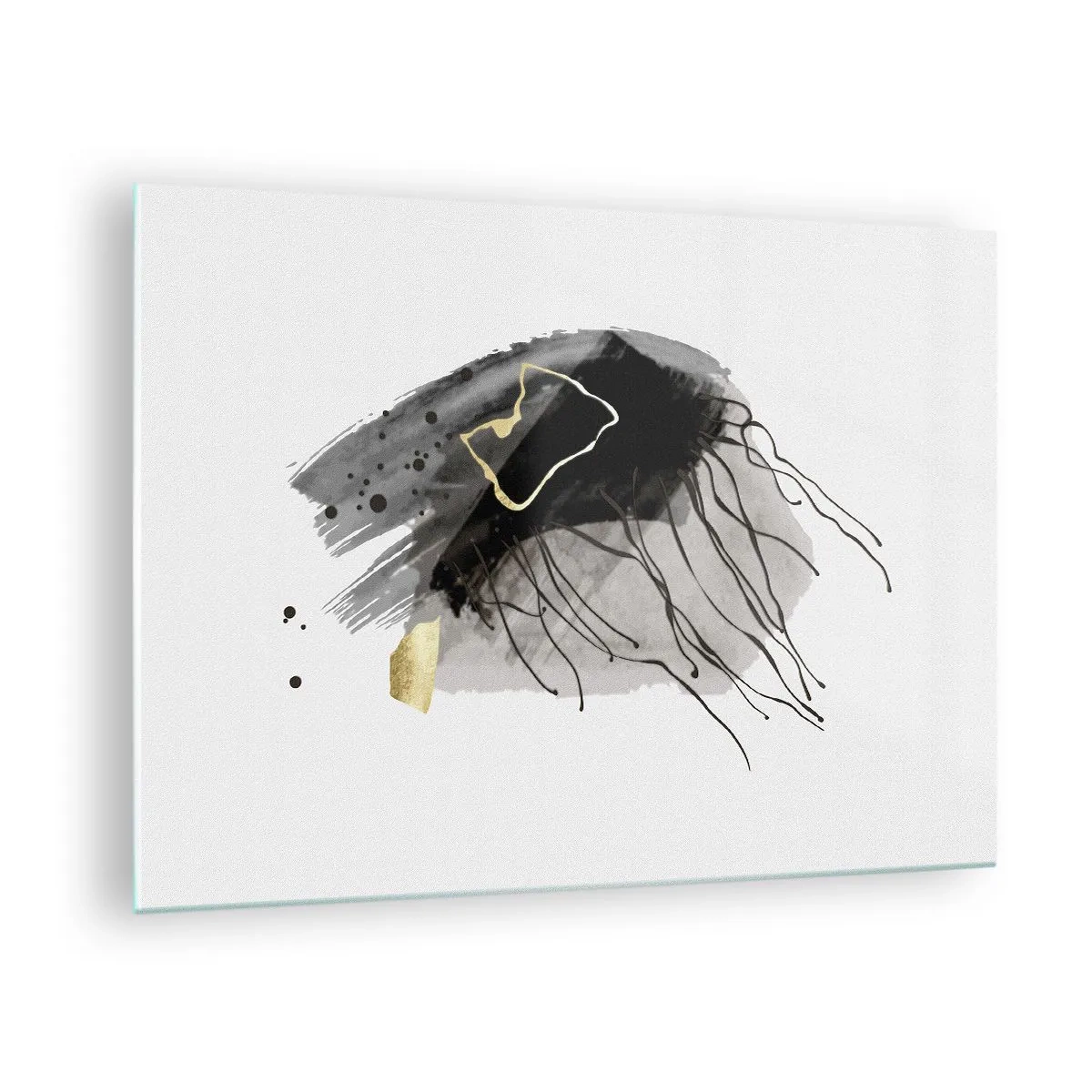 Glastavla - Bild på glas - Abstrakt komposition av svart och guld på en vit bakgrund - 70x50cm - I svart och guld - Modern väggdekoration för vardagsrum och sovrum ARTTOR