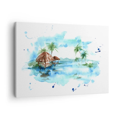 Canvastavla - Bild på duk - Akvarellmålning av ett tropiskt landskap med hus och palmer - 70x50cm - Någonstans i Stilla havet - Modern väggdekoration för vardagsrum och sovrum ARTTOR