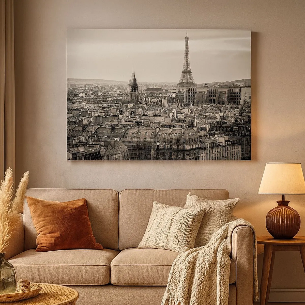 Canvastavla - Bild på duk - Panorama över Paris med Eiffeltornet i sepiafärger - 70x50cm - Över Paris tak - Modern väggdekoration för vardagsrum och sovrum ARTTOR