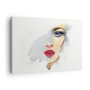 Canvastavla - Bild på duk - Ett akvarellporträtt av en kvinna med intensiv blick. - 70x50cm - Reflektion i vattendroppe - Modern väggdekoration för vardagsrum och sovrum ARTTOR