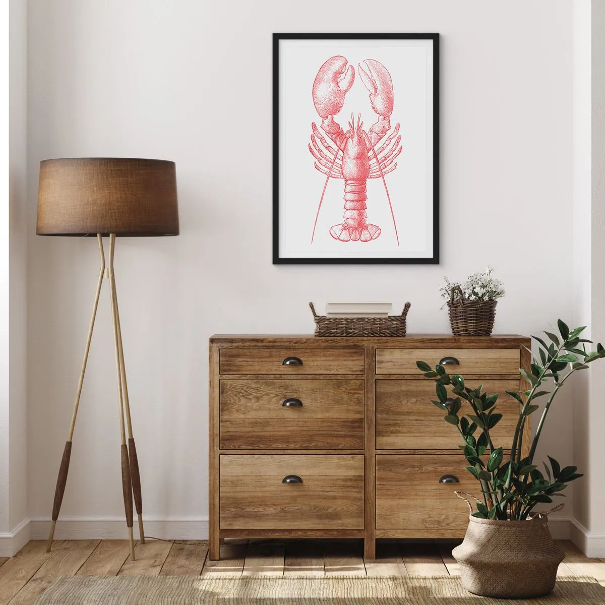 Affisch i svart ram - Vintage hummerteckning på en ljus bakgrund - 50x70cm - Hummer värdig Homer - Modern väggdekoration för vardagsrum och sovrum ARTTOR