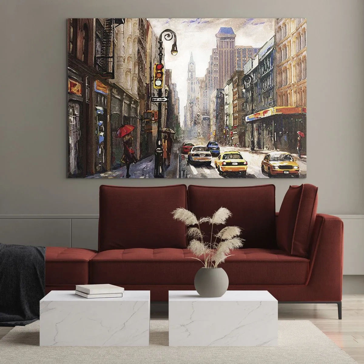 Glastavla - Bild på glas - New York – även färgglatt i regnet - 70x50cm - New York - färgglad också i regnet - Modern väggdekoration för vardagsrum och sovrum ARTTOR