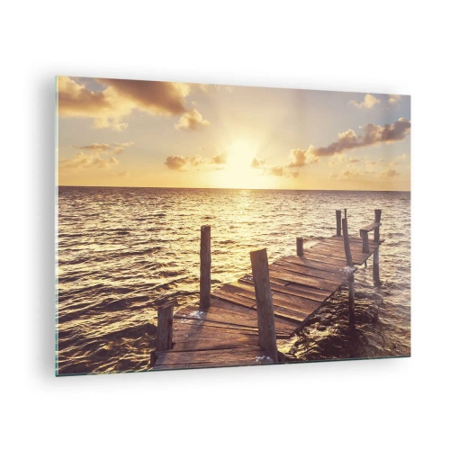 Glastavla - Bild på glas - En träbrygga mot bakgrund av den nedgående solen - 70x50cm - Gyllene mildhetslandskap - Modern väggdekoration för vardagsrum och sovrum ARTTOR