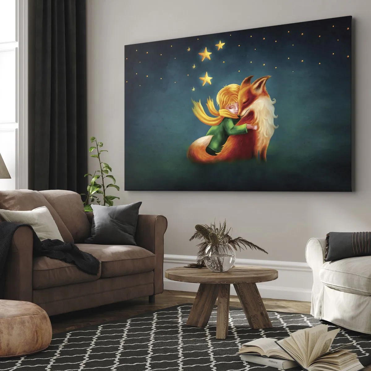 Canvastavla - Bild på duk - En pojke med en räv i en magisk miljö med stjärnor - 70x50cm - Lilla prinsen - Modern väggdekoration för vardagsrum och sovrum ARTTOR