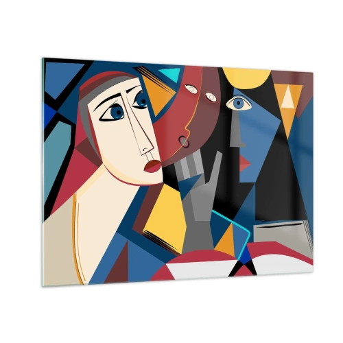 Glastavla - Bild på glas - Kubistiska ansikten i intensiva färger - 70x50cm - Kubistiskt samtal - Modern väggdekoration för vardagsrum och sovrum ARTTOR