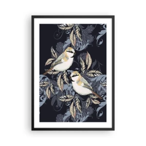 Affisch i svart ram - Två fåglar mot en bakgrund av dekorativa blad och ornament - 50x70cm - Gul-grå fågelsång - Modern väggdekoration för vardagsrum och sovrum ARTTOR