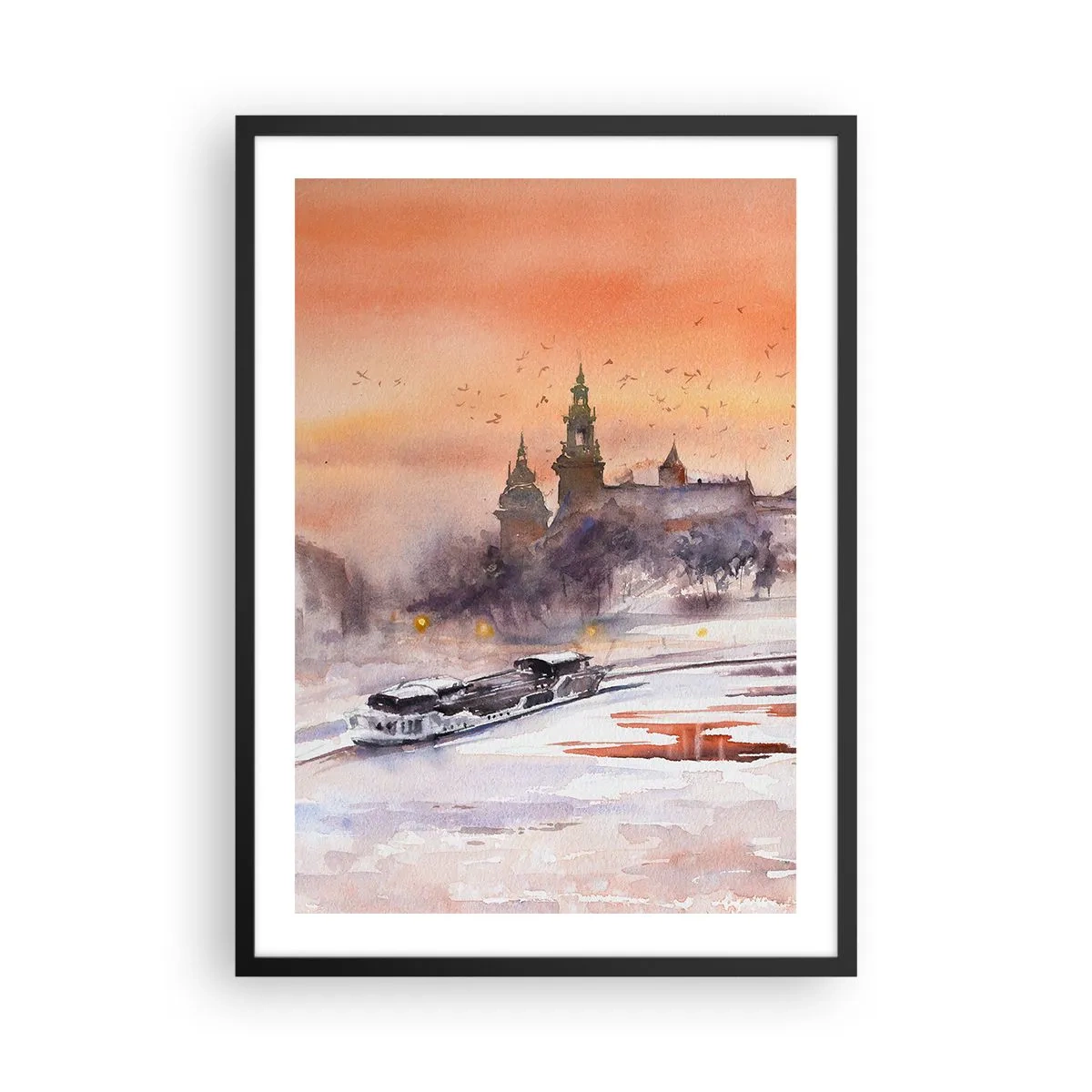 Affisch i svart ram - Akvarell stadsbild vid solnedgången - 50x70cm - Kunglig solnedgång - Modern väggdekoration för vardagsrum och sovrum ARTTOR