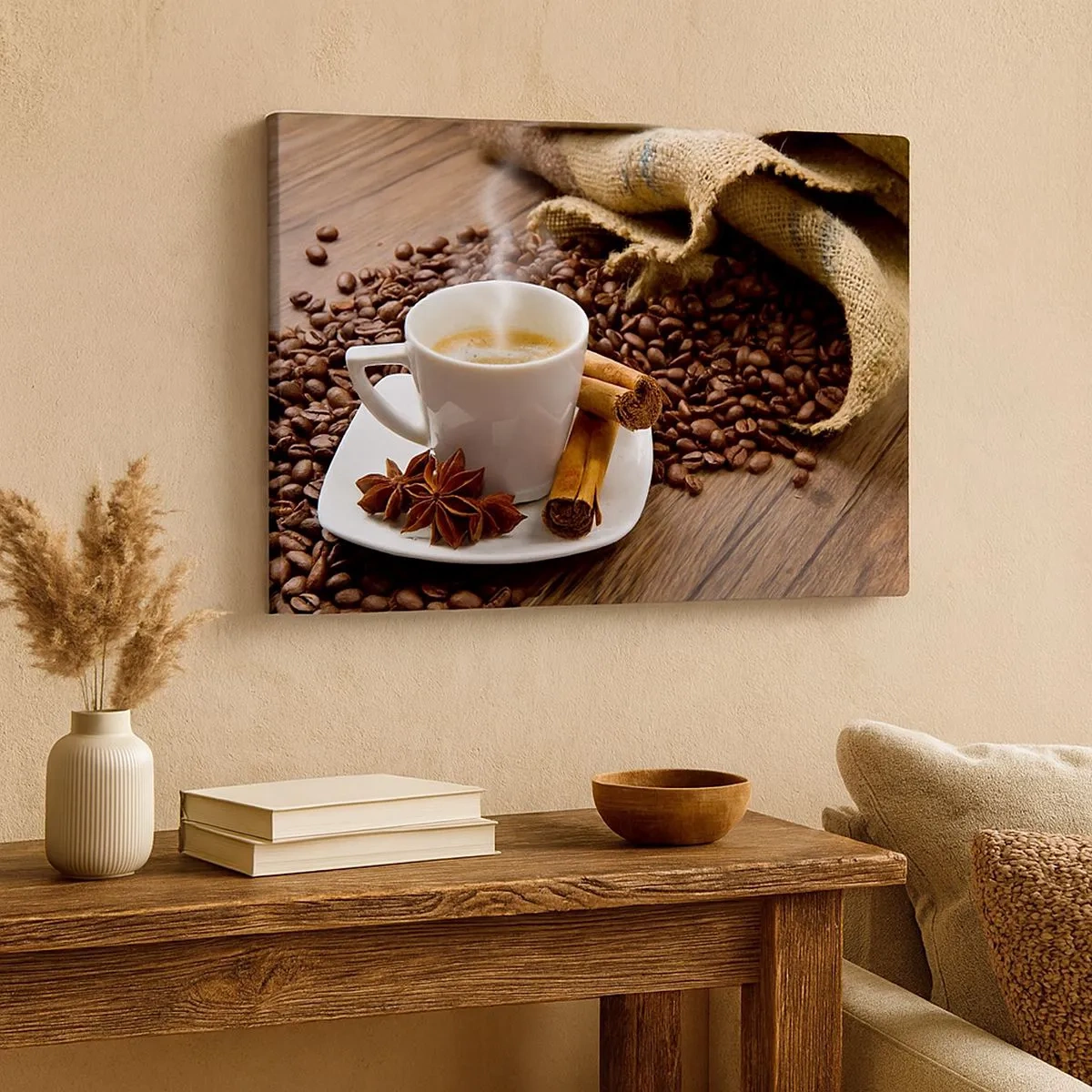 Canvastavla - Bild på duk - En kopp kaffe med kanel och anis på en bakgrund av kaffebönor - 70x50cm - Rotsmak och -arom - Modern väggdekoration för vardagsrum och sovrum ARTTOR