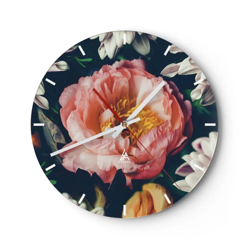 Väggklocka - Klocka på glas - Närbild av en rosa pionblomma omgiven av andra blommor - 30x30cm - Med barockprakt - Modern väggdekoration för vardagsrum, kök och sovrum ARTTOR