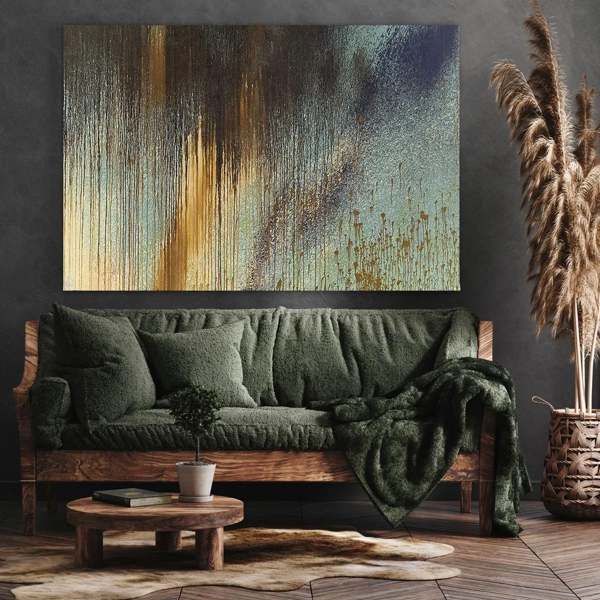 Canvastavla - Bild på duk - En abstrakt komposition av färger i nyanser av guld, brunt och blått. - 70x50cm - En oavsiktlig färgglad komposition - Modern väggdekoration för vardagsrum och sovrum ARTTOR