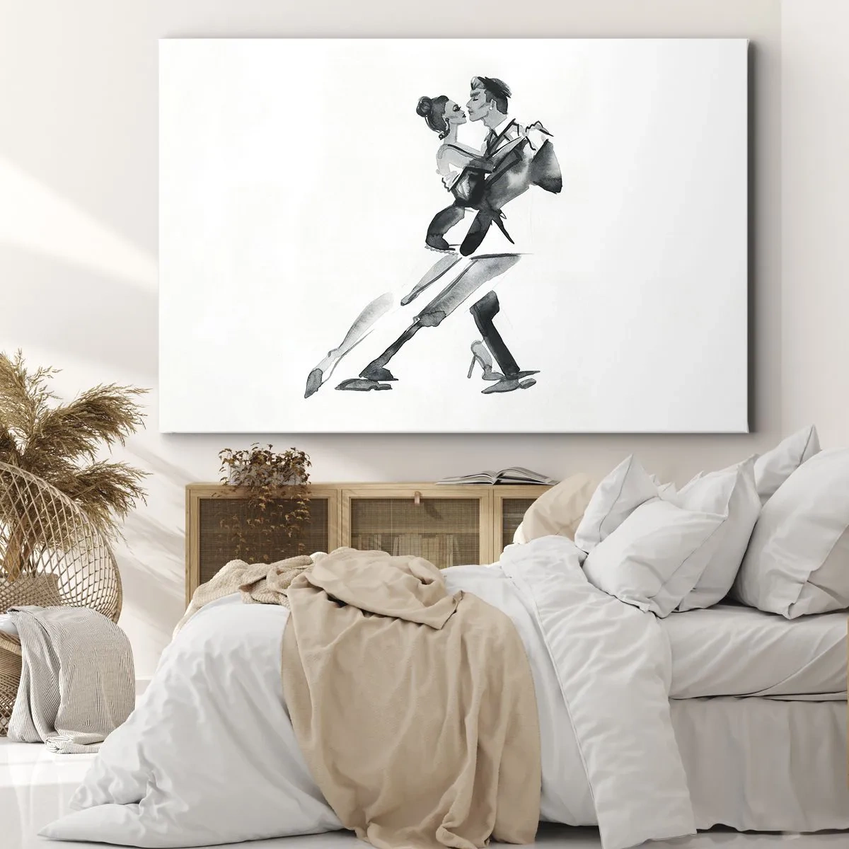 Canvastavla - Bild på duk - En subtil illustration av ett par som dansar i monokromatisk stil. - 70x50cm - I en rytm - Modern väggdekoration för vardagsrum och sovrum ARTTOR
