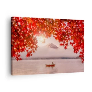 Canvastavla - Bild på duk - En båt på en sjö omgiven av röda lönnlöv - 70x50cm - I japansk stämning - Modern väggdekoration för vardagsrum och sovrum ARTTOR