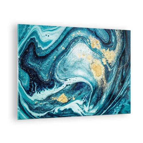 Glastavla - Bild på glas - Abstrakta virvlar i nyanser av turkos och guld - 70x50cm - Blå virvel - Modern väggdekoration för vardagsrum och sovrum ARTTOR