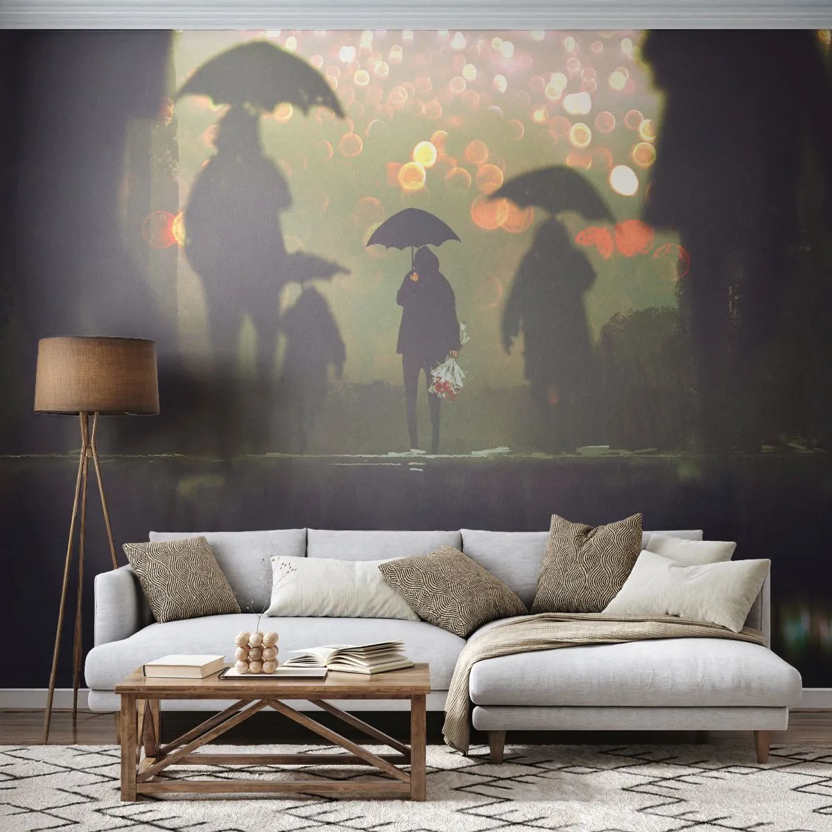 Självhäftande Fototapet Deluxe Sticker - Ur vattendroppens perspektiv - Gå i regnet, människor, Grafik - 250x175 cm