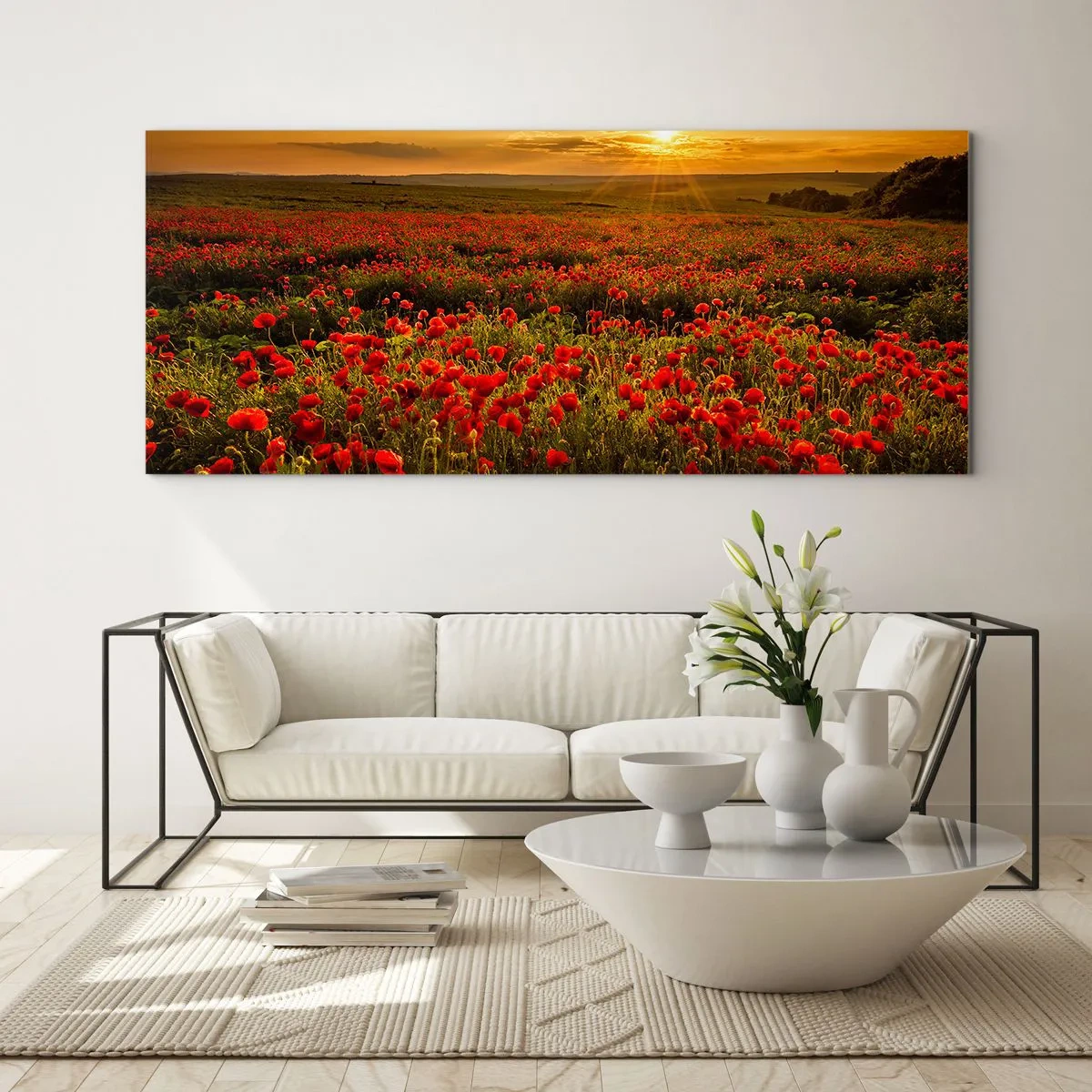 Glastavla - Bild på glas - Bland brusande ängars vågor, bland blommornas flod - 100x40 cm