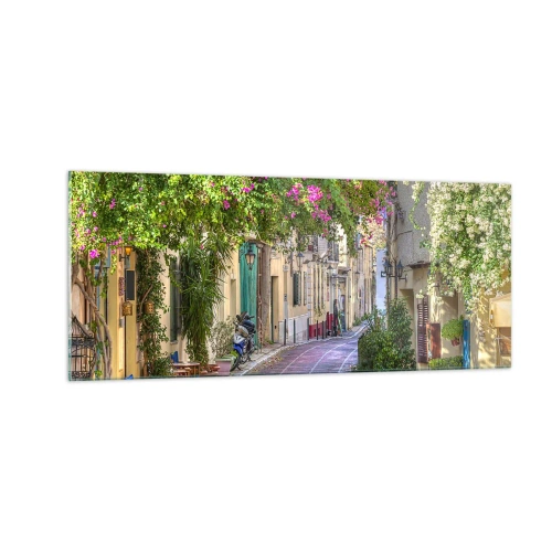 Glastavla - Bild på glas - Blommande gata - 100x40 cm