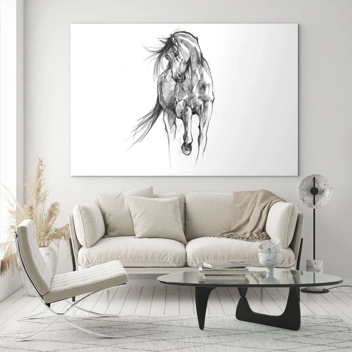 Glastavla - Bild på glas - En skiss av en galopperande häst i minimalistisk stil - 70x50cm - Elegant trav - Modern väggdekoration för vardagsrum och sovrum ARTTOR