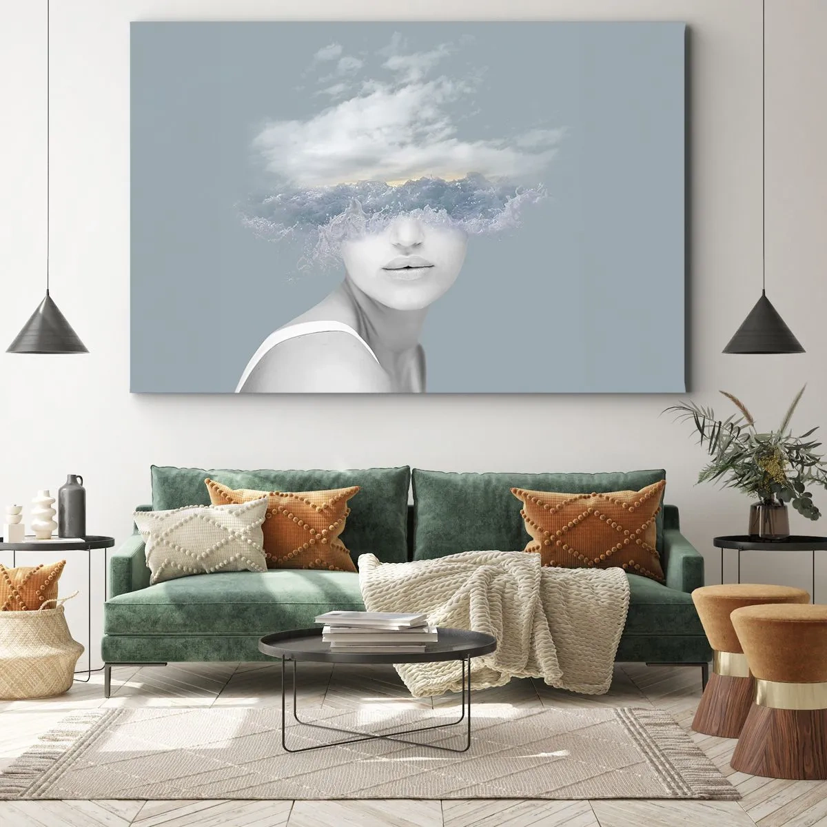 Canvastavla - Bild på duk - Porträtt av en kvinna med ansiktet dolt bakom moln och vågor - 70x50cm - Med huvudet i molnen - Modern väggdekoration för vardagsrum och sovrum ARTTOR